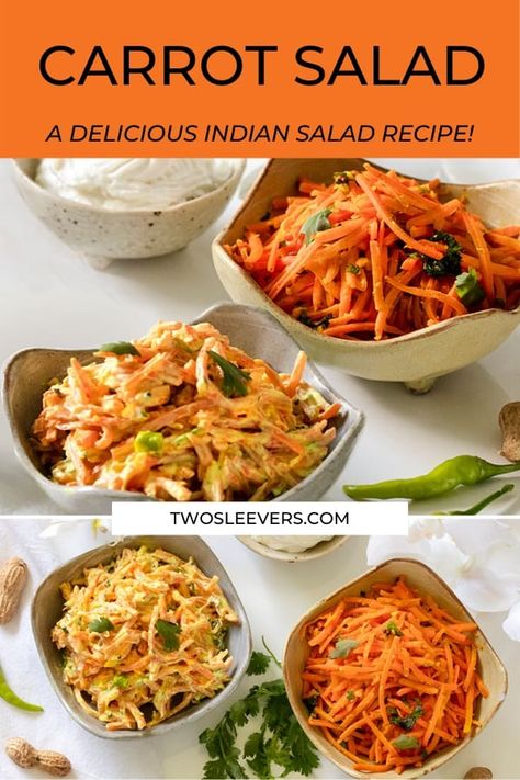 Make this delicious Carrot Salad for a simple and light side dish. You can make this Indian salad recipe two ways, both of which are absolutely delectable! Curry Carrot Salad, South Indian Salad Recipes, Indian Carrot Salad, Shredded Carrot Recipes Healthy, Diet Salad Recipes Indian, Recipes Using Carrots, Indian Vegetable Side Dish, Shredded Carrot Recipe, Salad Recipes Healthy Clean Eating