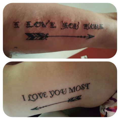 Husband and wife tattoo I love you more, I love you most I Love You Most Tattoo, I Love You More Tattoo, Wife Name Tattoo, Love You More Tattoo, Couples Tats, Husband Name Tattoos, Husband Wife Tattoos, Wife Tattoos, Husband Tattoo