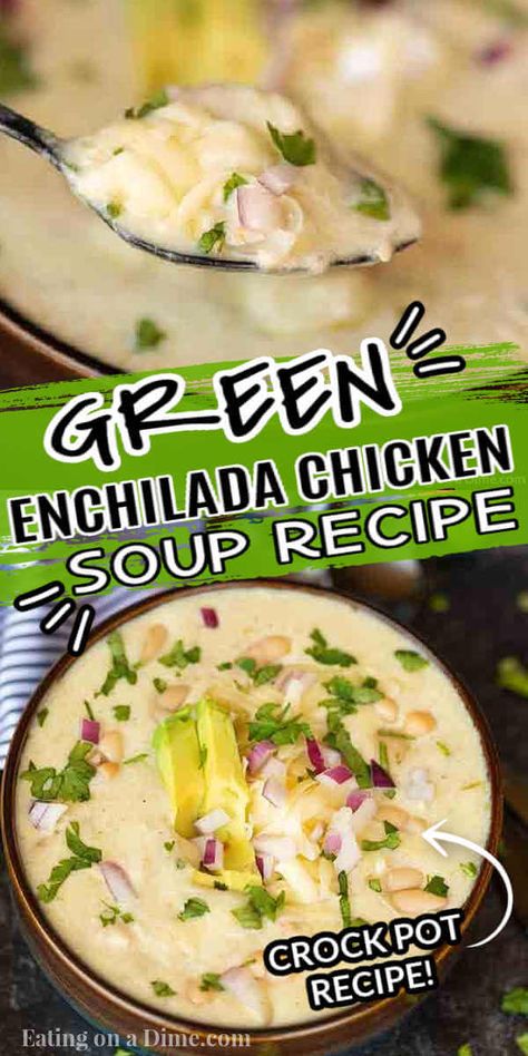 Crock pot green enchilada chicken soup - easy slow cooker recipe Creamy Green Chili Chicken Enchilada Soup, Green Chicken Enchilada Soup Crock Pot, Crockpot Green Chicken Enchilada Soup, Crockpot Green Enchilada Chicken Soup, Crock Pot Green Enchilada Chicken Soup, Green Chili Chicken Enchilada Soup, Green Enchilada Chicken Soup, Enchilada Chicken Soup, Creamed Soups