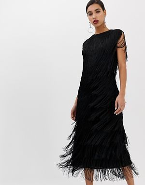 ASOS EDITION fringe column midi dress White Strapless Wedding Dress, Fringe Midi Dress, Black Fringe Dress, Oversize Pullover, Gaun Fashion, Midi Dress Style, Fall Dress Outfit, Short Lace Dress, Fringe Dress