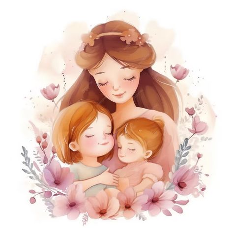 Premium Photo | Mothers day Mom and babies in watercolor style Mother S Day Wallpaper, Cute Mother And Daughter Drawings, Mom And Two Daughters Drawing, Mother Of Daughters, Mom And 2 Daughters, Mother Watercolor, Mom Illustration, Mother And Daughter Drawing, Mom And Daughters