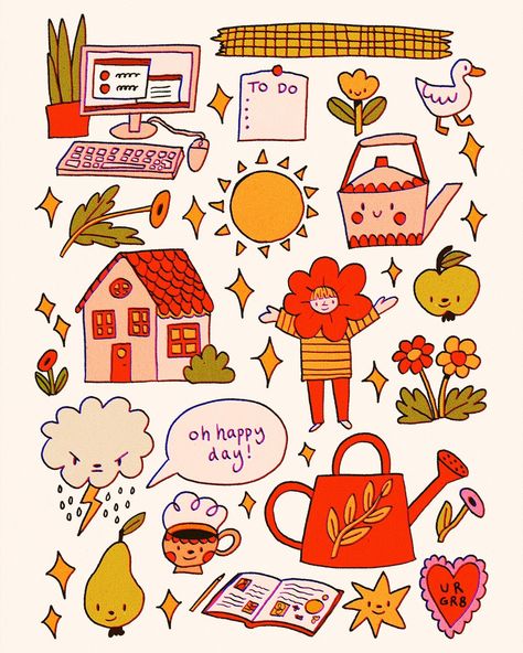 Some fun digital stickers I made last year! Available as a free download on my Patreon to use as a printable or digital stickers in something like Goodnotes! yay!! My favourite is the red watering can :) #digitaldrawing #procreate #doodle Journal Images Free Printable, Journal Illustration Ideas, Fun Stickers Design, Print Stickers Free Printable, Journal Stickers Ideas, Watering Can Drawing, Sticker Sheets Free Printable, Printable Stickers For Journal, Journal Stickers Free Printable