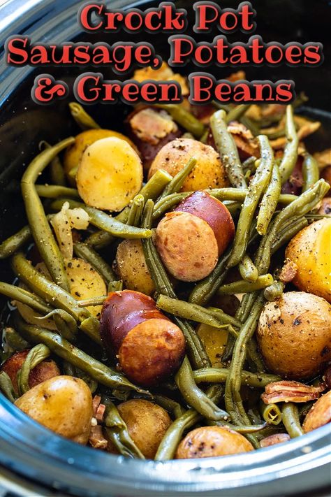 Sausage Potatoes And Green Beans, Slow Cooker Cajun, فاصوليا خضراء, Green Beans Potatoes, Slow Cooker Green Beans, Beans Potatoes, Cajun Sausage, Potatoes And Green Beans, Pot Recipes Healthy