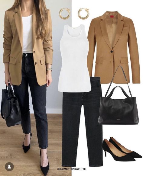 Camel Blazer Outfits Women, White Top Black Pants, Smart Casual Blazer, Women's Spring Fashion, Smart Casual Work Outfit Women, Khakis Outfit, Simple Work Outfits, Mode Tips, Look Formal