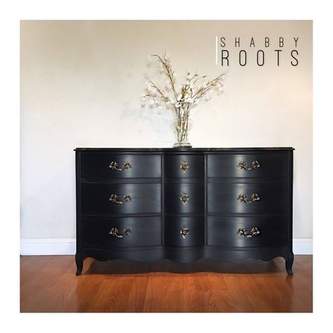 SOLD-Black French Provincial triple Dresser vintage by Black French Provincial, French Provincial Bedroom Furniture, Provincial Dresser Makeover, French Provincial Dresser Makeover, French Provincial Bedroom, Black Painted Furniture, Vintage Bedroom Furniture, French Dresser, Black Dresser