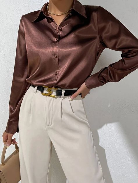 SHEIN BIZwear Solid Button Front Satin Shirt | SHEIN USA Silky Shirt Outfit, Brown Blouse Outfit, Satin Top Outfit, Satin Shirt Outfit, Collared Shirt Outfits, Silk Shirt Outfit, Satin Blouse Outfit, Satin Outfit, Outfits Con Camisa