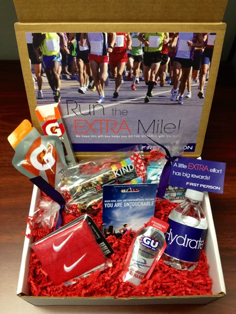 A gift for runners | a DIY creative box full of running goodies! Encourage them to "Run the EXTRA mile"  We did this as an ELFCU Giveaway. Track Basket Gift, Marathon Goodie Bag, Runners Basket Gift, Track Gift Basket, Runner Boyfriend Gifts, Senior Gift Baskets Sports, Senior Xc Gifts, Runner Gift Basket, Track Gifts Ideas