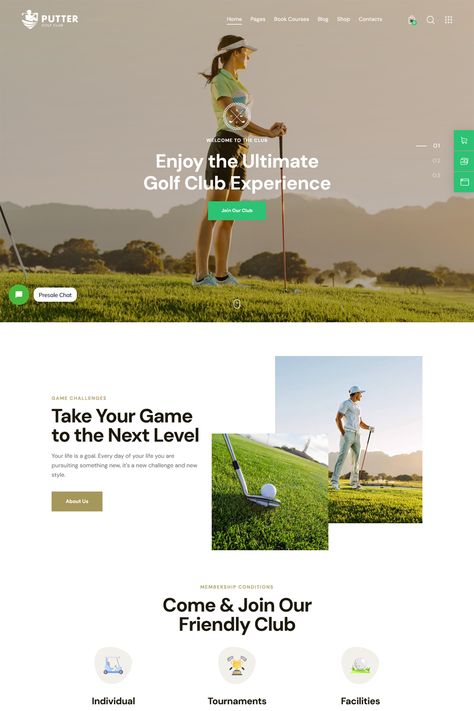 Putter is a modern & attractive Golf Club WordPress Theme. It is a perfect option for golf clubs (as well as other sports), personal golf trainer, golf coach, game, sports centers, sport review magazine, tennis club, sport blog and sport store. Golf Website Design, Sport Ads, Web Sport, Chat Games, Adaptive Design, Sport Events, Golf Magazine, Golf Putter, Sports Website