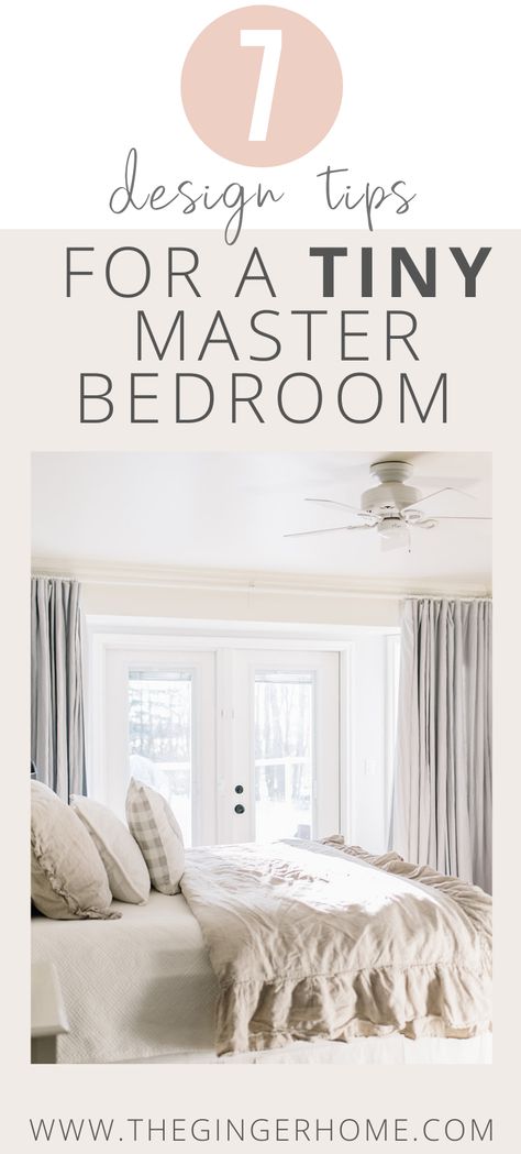 7 HACKS FOR A TINY MASTER BEDROOM  How to decorate a small master bedroom. Master bedroom decor before and after. Small bedroom interior. Small bedroom organization. Small bedroom decor on a budget. Small master bedroom ideas for married couples. #masterbedroom #smallbedroom #smallbedroomdecor #bedroomderoation #smallspaces Small White Master Bedrooms Decor, Glamorous Small Bedroom, Small Primary Bedroom Decor, How To Decorate A Small Master Room, Master Bedrooms Decor Single Woman, Small King Bedroom Ideas, Small Master Bedrooms Decor Cozy Romantic, Tiny Primary Bedroom, Tiny Master Bedrooms Decor Cozy