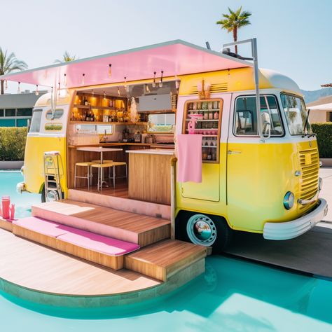 Retro Food Truck Design, Rv Food Truck, Ice Cream Truck Aesthetic, Cute Food Trucks, Beach Food Truck, Food Van Design, Food Truck Aesthetic, Bus Food Truck, Food Bus