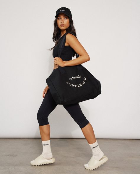 Adanola Active Lifestyle Canvas Tote Bag Outfit, Black Canvas Tote Bag, Tote Bag Outfit, Womens Gym Bag, Big Tote Bags, Street Style Bags, Gym Tote, Workout Attire, Black Tote