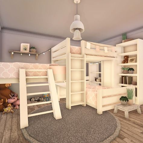 Bloxburg Bunkbed Ideas, Kids Room Bloxburg Ideas, Twin Room Bloxburg, Bloxburg Sleepover Room, Kids Bloxburg Room, Kids Bedroom Ideas Bloxburg, Playroom Ideas Bloxburg, Bloxburg Girl Room Ideas, Twin Bedroom Bloxburg