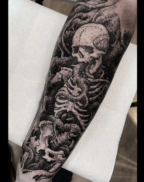 Goth Guy Tattoos, Gothic Black Work Tattoo, Gothic Forearm Tattoos Men, Dark Skeleton Tattoo, Gothic Horror Tattoo, Sleeve Inspo Tattoo, Scary Tattoos For Men, Gothic Forearm Tattoo, Forearm Skull Tattoo