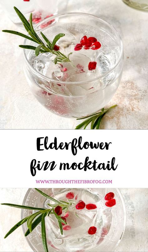 two images of elderflower fizz mocktail with rosemary and pomegranate arils in the glass. Elderflower Drink, Fizz Mocktail, Elderflower Recipes, Fizz Drinks, Low Histamine Foods, Fibro Fog, Elderflower Cordial, Low Histamine Diet, Summer Drinks Alcohol