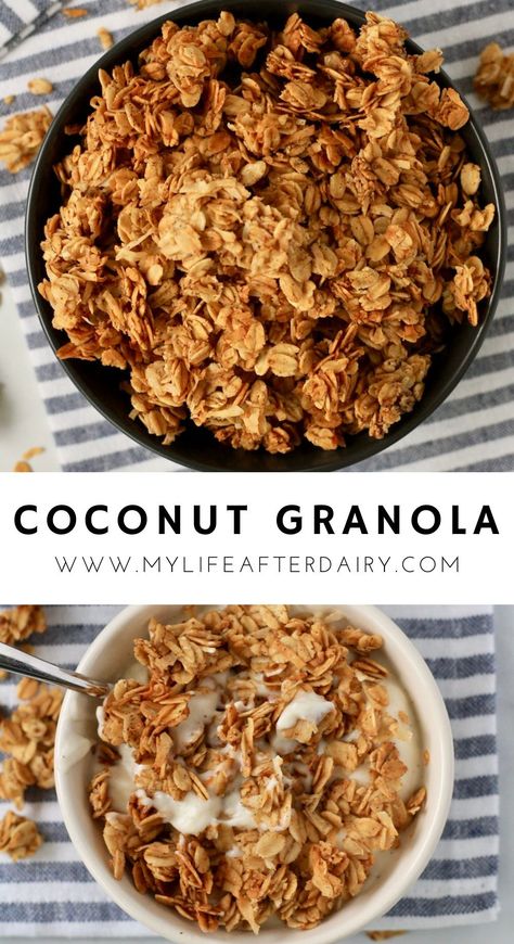 This crunchy, homemade coconut granola comes together with 6 ingredients for an easy to make breakfast or snack recipe. Clusters of oats and coconut are held together with honey, coconut oil, and vanilla for a delightfully crisp and crunchy granola. #dairyfree #granola #homemade Coconut Granola Recipe, Make Granola, Vanilla Granola, Granola Recipe Healthy, Honey Granola, Granola Recipe Homemade, Almond Granola, Crunchy Granola, Dessert Aux Fruits