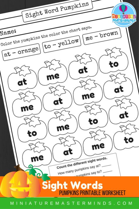 Sight Words Me At and To Color the Pumpkin Printable Worksheet Thanksgiving Math Kindergarten, Pumpkins Kindergarten, Thanksgiving Kindergarten, Thanksgiving Worksheets, Preschool Workbooks, Halloween Kindergarten, Sight Word Cards, Halloween Worksheets, First Grade Worksheets