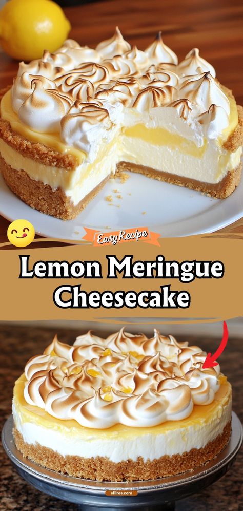 Experience the bright and bold flavors of Lemon Meringue Cheesecake, where zesty lemon meets smooth cheesecake under a fluffy meringue topping. It’s a refreshing twist on two classic desserts. #LemonCheesecake #Meringue #SweetTreats Copycat Cheesecake Factory Lemon Meringue Cheesecake, Mini Lemon Meringue Cheesecakes, Lemon Swirl Cheesecake, Traditional Cheesecake Recipes, Best Lemon Dessert Recipes, Lemon Dessert Ideas, Lemon Curd Cheesecake Recipe, Cheesecake Ideas Creative, Lemon Desserts Recipes