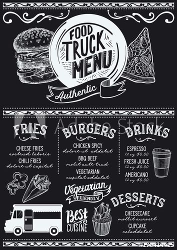 Download Food truck menu template. Stock Vector and explore similar vectors at Adobe Stock. Kombi Food Truck, Foodtrucks Ideas, Food Truck Menu, Street Festival, Food Truck Festival, Trendy Food, Truck Cakes, Food Truck Business, Menu Boards