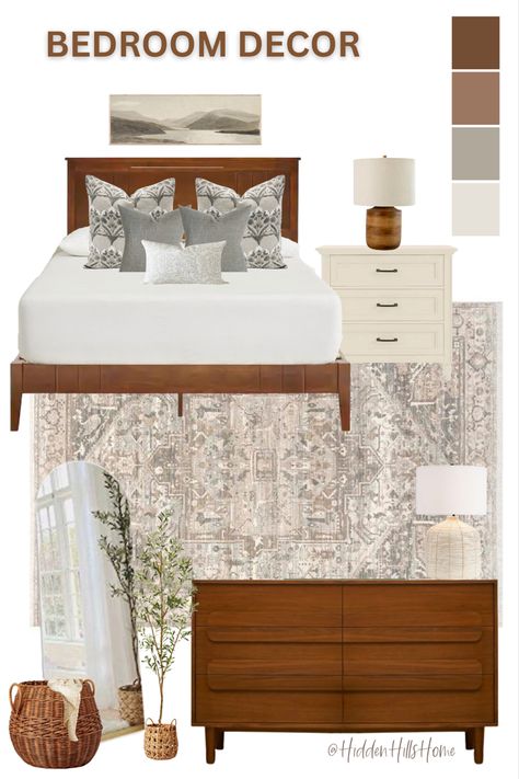 Bedroom decor mood board Cozy Bedroom Dark, Boho Bedroom Dark, Brown Headboard Bedroom, Green Bedroom Dark, Bedroom Dark Green, Wood Headboard Bedroom, Brown Wood Bedroom, Brown Wood Bed, Cherry Wood Bedroom