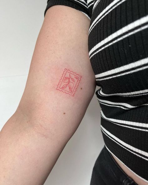 some stamps 💌 #51 #51tatt #51tattoo #stamp #stamps #stamptattoo #red #redtattoo #fine #fineline #finelinerart #tattoooftheday #tattooart… | Instagram Cardinal Stamp Tattoo, Red Tattoo Fine Line, Korean Stamp Tattoo, Red Ink Fine Line Tattoo, Red Stamp Tattoo, Red Fineline Tattoo, Mountain Stamp Tattoo, Fine Line Stamp Tattoo, Fine Line Red Tattoo