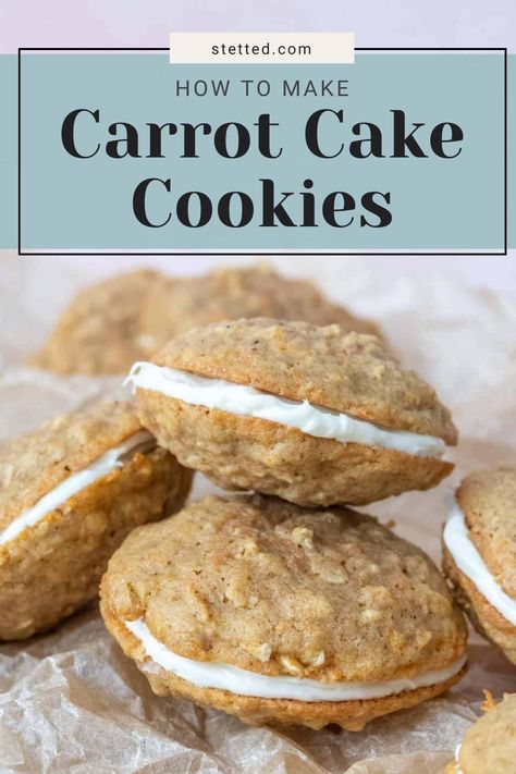 Filled with cream cheese frosting, these carrot cake cookies are soft and lightly sweet. They taste just like carrot cake! Carrot Cake Cookies With Cream Cheese Frosting, Carrot Cake Cookies Stuffed With Cream Cheese, Cheesecake Stuffed Carrot Cake Cookies, Carrot Cake Cheesecake Cookies, Carrot Cake Cookies With Cream Cheese, Cookies With Cream Cheese Filling, Carrot Cake Sandwich Cookies, Carrot Cake Cookie, Carrot Cake Cookies Recipe