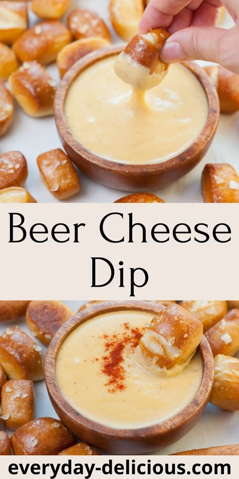 This beer cheese dip is a delicious cheesy sauce perfect for dipping your soft pretzel bites, roasted potato wedges, or tortilla chips. It’s made with 3 types of cheese, beer, and spices (but it’s totally customizable!). This easy appetizer is perfect for game day and will be ready in just 15 minutes! What To Eat With French Baguette, Buffalo Wild Wings Beer Cheese Dip, Simple Beer Cheese Dip, Beer Cheese Dip For Pretzels Easy, Nye Dips, Pretzel Beer Cheese Dip, Beer Cheese Recipe, Melting Potatoes, Football Foods