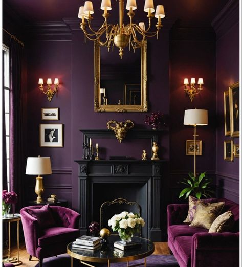 Deep Purple Living Room Ideas, Green And Aubergine Living Room, Plum And Gold Living Room, Purple Black And Gold Living Room, Purple Moody Living Room, Dark Purple Accent Wall Living Room, Dark Plum Wall Color, Dark Purple Library Aesthetic, Deep Purple Living Room