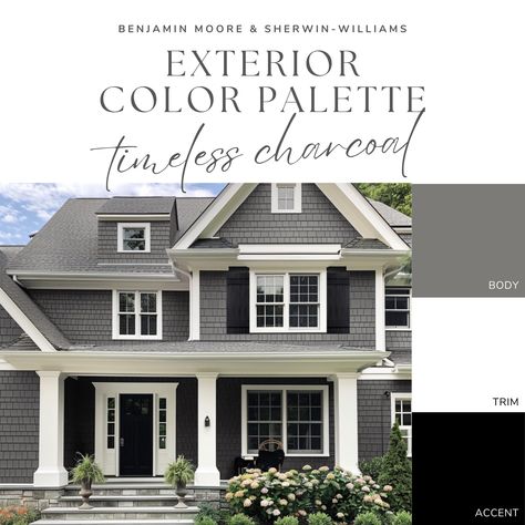 Exterior Paint Color Palette - Timeless Charcoal Exterior Paint Color Palette, Dark Grey Houses, Grey Exterior House Colors, Benjamin Moore Exterior, Exterior Gray Paint, Gray House Exterior, Exterior Color Palette, Exterior House Color, Pintura Exterior