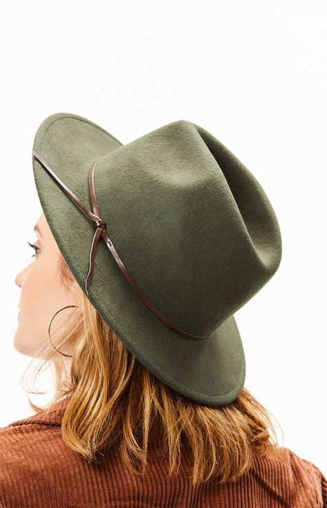 La Hearts Wool Fedora Hat. The Wool Fedora Hat is the must-have summer accessory that can be taken from the streets to the beach. Our very own LA Hearts deliver this fedora hat complete with a wool fabric, wide brim, faux leather accent, and a pinched crown. #afflink Green Fedora Hat Outfit, Fedora Hat Outfit, Green Fedora Hat, Fedora Hat Outfits, Olive Green Hat, Wool Fedora Hat, Hat Outfit, Women Hats Fashion, Wool Fedora