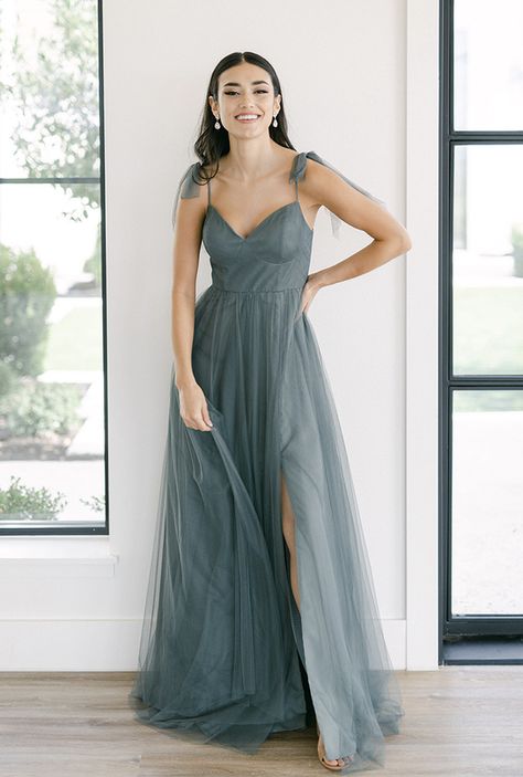 Model: Saije; Size: 4; Color: Eucalyptus Whimsical Bridesmaids Dresses, Blue Tulle Dress, Wedding Parties Colors, Tulle Bridesmaid Dress, Bridesmaid Dress Colors, Blue Tulle, Satin Color, Dress Home, Tulle Dress