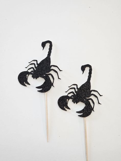 "Our cupcake toppers are handcrafted using a combination of 65 lb. and 110 lb. card stock PAPER Description:  ~Size cupcake toppers is made to fit a standard cupcake- approximately \"2-3\" wide.  ~One sided toppers- food pick exposed on back ~Attached to a wooden 2.5\" tall toothpick ~One set includes 12 cupcake toppers  Shipping:  ~All items are shipped via USPS first class mail unless an expedited profile is purchased by the buyer. First class mail normally takes 5-8 business days to arrive bu Scorpio Birthday Party, Scorpio Party, 38 Birthday, Scorpio Szn, 17 Birthday, Scorpio Birthday, 38th Birthday, 12 Cupcakes, Birthday Inspo