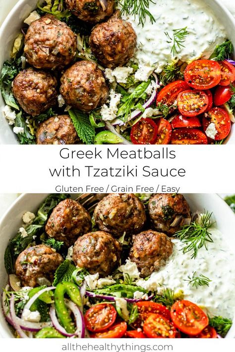 Greek Meatball Bowl Recipe, Tzatziki Sauce Meals, Clean And Healthy Recipes, Fresh Kitchen Recipes, Meatball Lunch Prep, Greek Low Carb Recipes, What To Eat With Tzatziki Sauce, Easy Food Bowl Recipes, Healthy Greek Meatballs