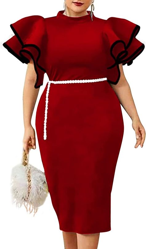 Amazon.com: Cololura Women Plus Size Ruffle Sleeve Peplum Bodycon Pencil Formal Evening Gowns Party Dress - 2XL Black : Clothing, Shoes & Jewelry Latest Chiffon Gown Styles, Peplum Sleeves, Machine Drawing, Dress Vector, Dinner Gowns, Long Sleeve Mesh Dress, Night Music, Plus Size Bodycon Dresses, Plus Size Bodycon