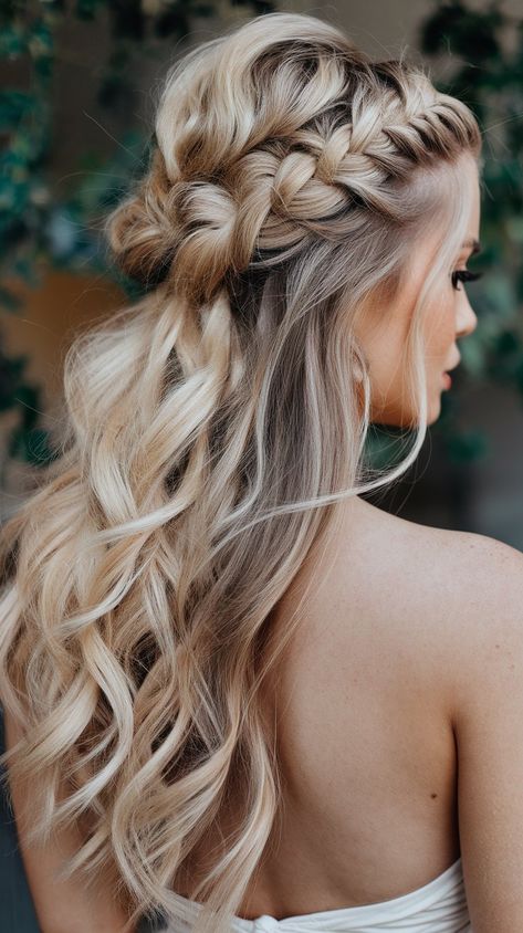 Elevate your look with this stunning half-up hairstyle featuring intricate braids and soft waves. Perfect for weddings or special occasions, this romantic style blends elegance with a touch of boho charm, making it a go-to for any hair enthusiast! #braidedhairstyle #braid #hairstyle #blondehair #haircolor #hairinspo Romantic Wedding Hair Half Up Braids, Bridal Hair Half Up Braid Front View, Boho Wedding Half Up Half Down, Celtic Wedding Braids, Beach Wave Bridesmaid Hair, Wedding Hair Boho Half Up, Boho Braids Half Up Half Down, Romantic Half Up Half Down, Diy Hairstyles For Wedding