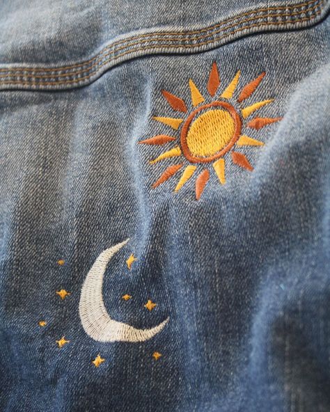 Embroidery Sun And Moon, Jean Jacket Diy, Clothing Alterations, Embroidered Sun, Moon Made, Jacket Embroidery, Clothes Embroidery Diy, The Sun And The Moon, Sun And The Moon