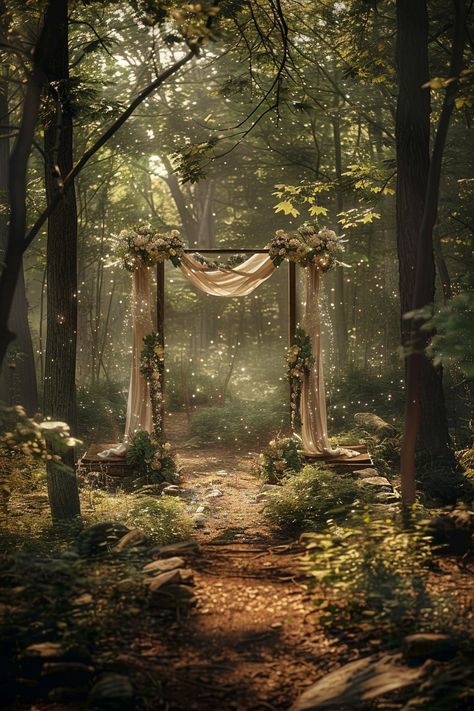 Woodland Wedding Ideas: Enchanting Themes and Decor for Your Forest Nuptials - OMG Hitched Fantasy Aesthetic Wedding, Intimate Forest Wedding Ceremony, Forest Ceremony Decor, Magic Garden Wedding Theme, Faerie Wedding Aesthetic, Victorian Forest Wedding, Forest Wedding Arbor, Magical Wedding Dress Enchanted Forest, Pagan Forest Wedding