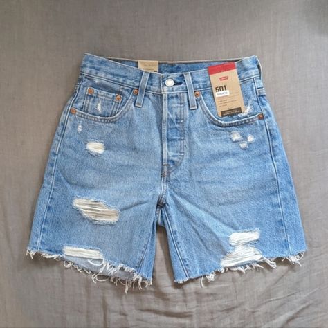 New With Tags. High Rise, Button Fly. 100% Cotton. Mid Jean Shorts Outfit, Mid Thigh Jean Shorts Outfit, Levi’s 501 Mid Thigh Shorts, Denim Mom Shorts Outfits, Levi Jorts, Levi 501 Jeans Women Outfit, Levi Shorts Outfit, Mid Thigh Jean Shorts, Long Jean Shorts Outfit