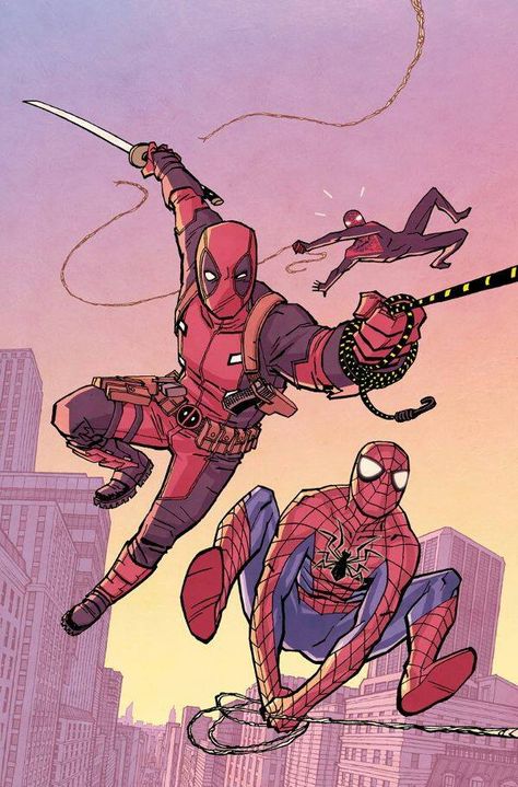 Deadpool, Peter Parker Spider-Man, & Miles Morales Spider-Man Art by Cliff Chiang Cliff Chiang, Spiderman Deadpool, Deadpool X Spiderman, Deadpool Art, Deadpool And Spiderman, Deadpool Comic, Deadpool Wallpaper, Wade Wilson, Bd Comics