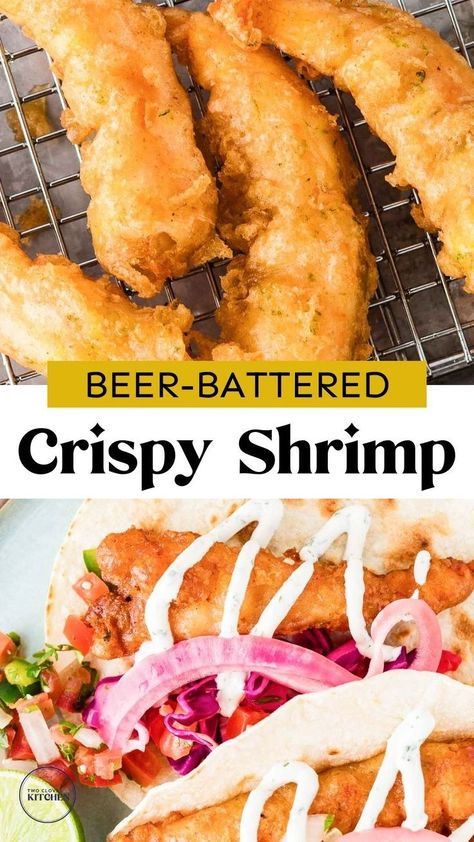 Yummy and so easy to make - the best beer battered shrimp recipe you'll ever try. Use the beer battered shrimp in tacos or salad for a delicious weeknight dinner ideas or main dish recipe that will please a crowd. Crispy, beer battered fried shrimp without the deep fry. This light and crispy beer battered shrimp makes for the best appetizer too! This beer-battered shrimp recipe has a perfectly crispy batter coating juicy, tender shrimp! Batter For Fried Shrimp, Battered Shrimp Recipes, Beer Battered Halibut, Beer Shrimp, Shrimp Batter, Battered Shrimp, Beer Battered Shrimp, Shrimp Taco Recipes, Recipes Fish