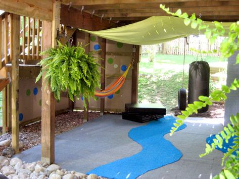 Under Deck Play Area or Gym - Blue & Green design with a Hammock! Indoor Play For Toddlers, Deck Playground, Daycare Outdoor, Playset Ideas, Kids Clubhouse, Second Story Deck, Under Deck, Kids Forts, Play Area Backyard