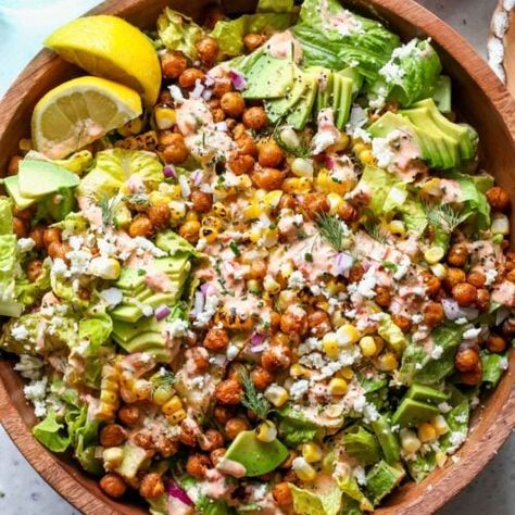 Grilled Corn and Avocado Salad with Harissa Ranch - Dishing Out Health Grilled Corn And Avocado Salad, Fwtfl Recipes, Chickpea Avocado Salad, Corn And Avocado Salad, Roasted Recipes, Creamy Chickpea, Big Salads, Roasted Corn Salad, Chickpea Avocado