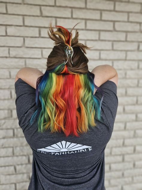 Peekaboo Hair Color Rainbow, Rainbow And Brown Hair, Brown Hair With Rainbow Underneath, Rainbow Hair Dye Ideas, Rainbow Hair Tips, Rainbow Peekaboo Hair Dark Brown, Brown And Rainbow Hair, Hidden Rainbow Hair Brown, Rainbow Halo Hair