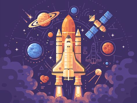 Decor Planet, Planets And Stars, Big Four, Nordic Poster, Boys Bedroom Decor, Space Shuttle, Wall Art Canvas Painting, Flat Illustration, Space Exploration