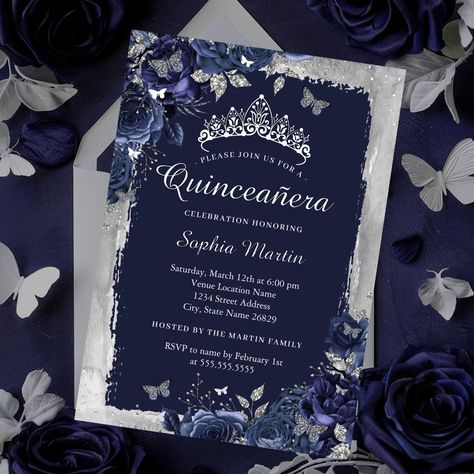 More Pretty Navy Silver Quinceanera Birthday Invitations in the Little Bayleigh Store! Navy Blue Invitations Zazzle, Midnight Blue And Silver Quice Dress, Dark Blue Quinceanera Dresses With Silver, Quinceanera Blue Invitations, Midnight Blue Debut Theme, Quince Blue Invitations, Dark Blue Quince Invitations, Quince Midnight Blue, Night Sky Quinceanera Theme