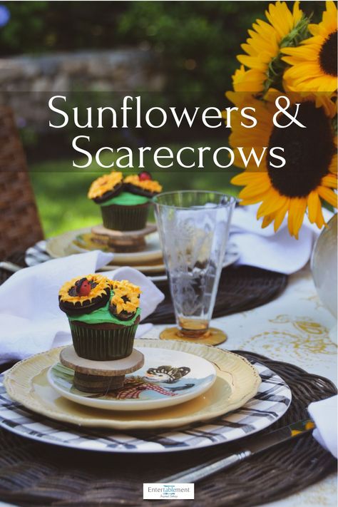 Sunflowers, Scarecrows and Sunflower Cupcakes celebrate the end of summer #tablesetting #tablescape #sunflowers #Maxcera #summer Diy Centrepieces, Sunflower Cupcakes, Green Cupcakes, Modern Plates, Different Types Of Flowers, Make A Table, Fall Patterns, Thanksgiving Tablescapes, Happy Labor Day