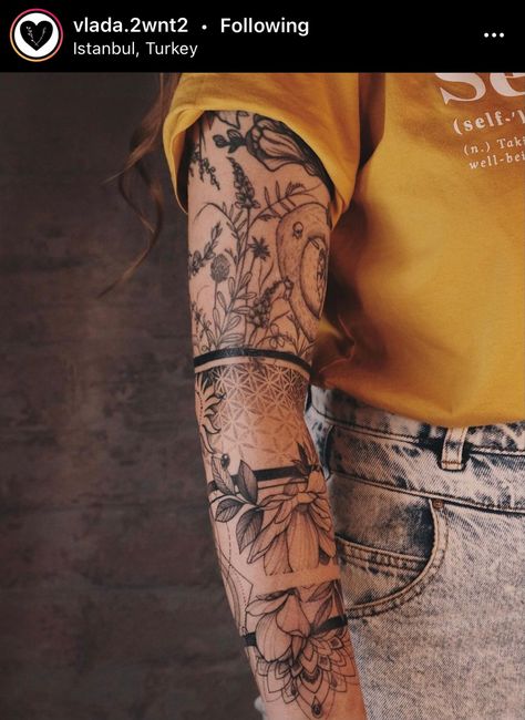 Dot Sleeve Tattoo, Geometric Nature Tattoo Sleeve, Earthy Sleeve Tattoos For Women, Sleeves On Women Tattoo, Womens Nature Sleeve Tattoo, Woman With Sleeve Tattoo, Forearm Nature Tattoos For Women, Women’s Arm Sleeve Tattoos, Woman’s Arm Sleeve