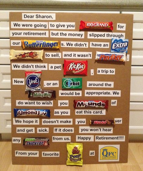 Retirement card made with candy. Birthday Cards Made With Candy Bars, Happy Retirement Gifts, Retirement Candy Card, Retirement Candy Boards, Retirement Candy Bar Poster, Candy Poster Board, Retirement Candy, Candy Birthday Cards, Candy Posters