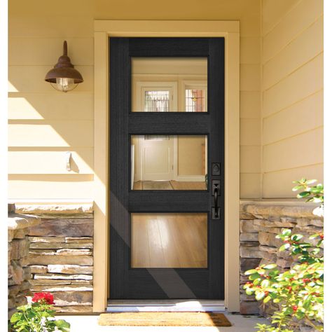 Knockety Continental 36'' x 80'' Glass Wood Front Entry Doors | Wayfair Four Panel Glass Front Door, Exterior Storm Doors Front Entry, Single Door Front Entry, Glass French Doors Exterior, Frosted Front Door Window, Exterior Doors With Glass Panels Modern, Full Light Front Door, Black Double Doors Entrance, Provia Doors Front Entry