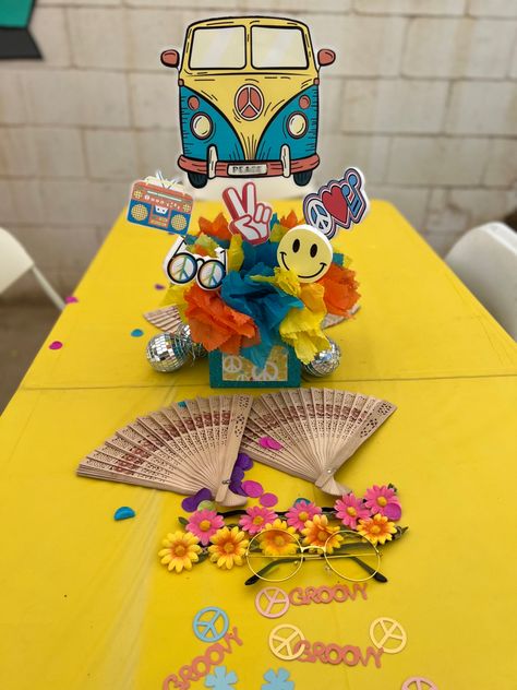 hippie van center piece two groovy party peace glitter decorations confetti flower power head bands fans yellow blue summer party Groovy Centerpiece Ideas, Diy Centerpieces, Table Centerpieces, 2nd Birthday, Table Decor, 1st Birthday, Party Ideas, Honey, Gift Wrapping