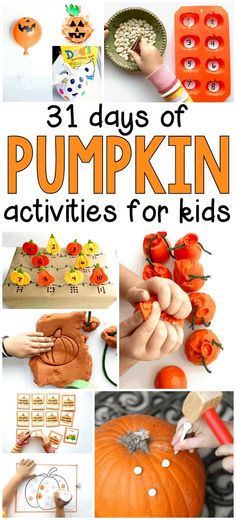 31 Days of Pumpkin Activities - I Can Teach My Child! Pumpkin Learning Activities, Pumpkin Activities For Kids, Pumpkin Crafts Preschool, Pumpkin Learning, Pumpkin Science, Pumpkin Unit, Preschool Fall, Pumpkin Activities, Playdough Activities